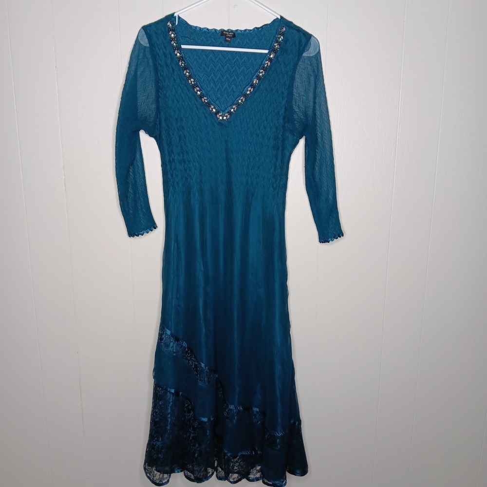 Komarov A-Line Dress Petite M Teal Embellished V-Neck Midi Chiffon Crinkle Asym
